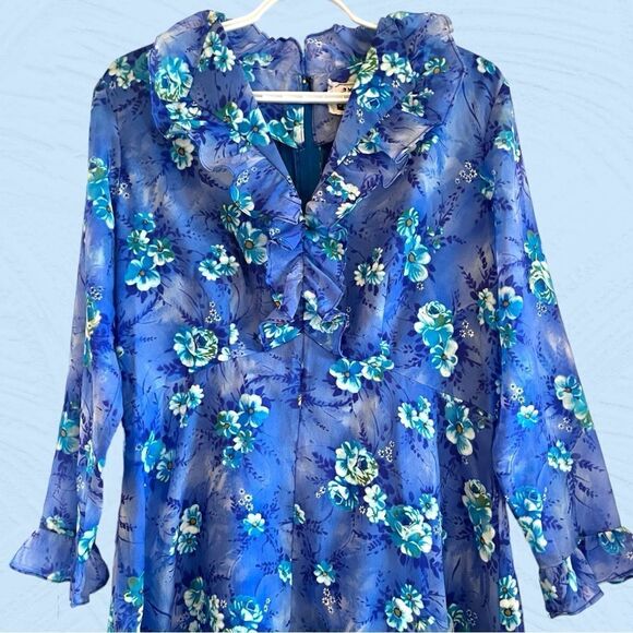 Vintage 60s Missy Matron Spi Bor maxi floral blue bell dress - Picture 5 of 13